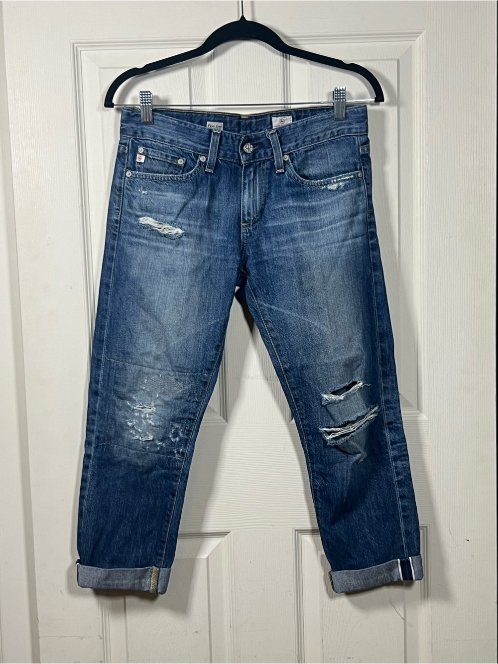 Ag Adriano Goldschmied Distressed Cropped Blue Jeans